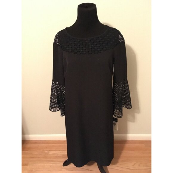 Lauren Ralph Lauren Navy Blue w/ Geometric Lace Sleeves Dress, Size 8 (US) - Picture 1 of 7